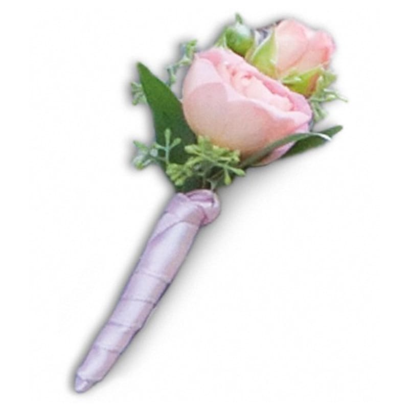  My First Boutonniere - The finishing touch for the handsome little fellow: a single coral rose accented with seeded eucalyptus and Italian ruscus.  Coral rosebuds, seeded eucalyptus and Italian ruscus presented in a pink satin ribbon. Approximately 2 3/4&quot; W x 4 1/2&quot; H  Product ID: T193-3A