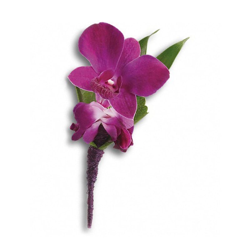  Perfect Purple Orchid Boutonniere - An exotic pick with confidence and style.  Purple dendrobium orchids, Italian ruscus and a galax leaf bundled in a purple satin ribbon. Approximately 2 1/2&quot; W x 5 1/4&quot; H  Product ID: T202-8A