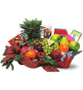 Fruit and Gourmet Basket - This impressive gift basket is filled to the brim with a delicious array of fresh fruits, crackers and cheese. Makes a delicious corporate gift.  Pineapple, apples, oranges, pears and tangerines, along with biscotti, biscuits, candy, cheese and chocolates, arrive in a rectangular tray tied with plaid ribbon.  Approximately 24&quot; W x 15&quot; H   Please note: Same-day delivery is not available for this item. Please allow one additional day for delivery.  As Shown : TF104-3