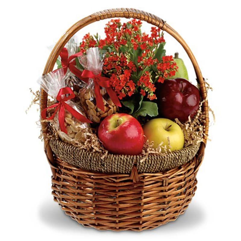 Health Nut Basket Health Nut Basket - Naturally this gift basket isn't just for health nuts. Aspiring health nuts or someone you'd like to help get on a health kick will love it, too. Full of great food, and so full of goodness, including a lively orange kalanchoe plant, someone would have to be, well… a bit nutty not to enjoy it! Apples and pears are joined by trail mix, mixed nuts, peanuts and a kalanchoe in a charming wicker basket. Happy. Healthy. Yummy! Product ID: T108-2A
