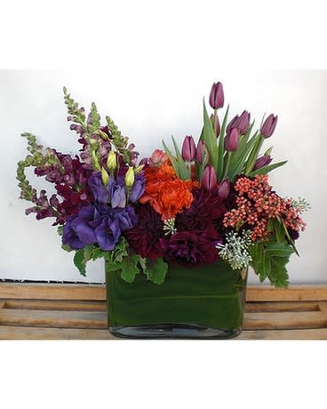  Jewels - A wide array of gorgeous blossoms include deep purple tulips, burgundy dahlias, orange ranunculus, purple lisianthus, and burgundy snap dragons delicately arranged in a clear glass vase lined with ti leaves.  Product ID: DF-1390