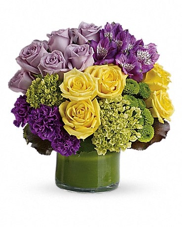 Simply Splendid Bouquet - Make a floral fashion statement! Hand-delivered in a leaf-wrapped cylinder vase, this stylish bouquet is a sophisticated mix of roses, hydrangea and alstroemeria that's outstanding for any occasion.  This chic arrangement includes miniature green hydrangea, lavender and yellow roses, purple alstroemeria, dark purple carnations, green button spray chrysanthemums, galax leaves and a ti leaf. Delivered in a clear glass vase.  Approximately 12&quot; W x 12 1/2&quot; H  Product ID: TEV42-2A