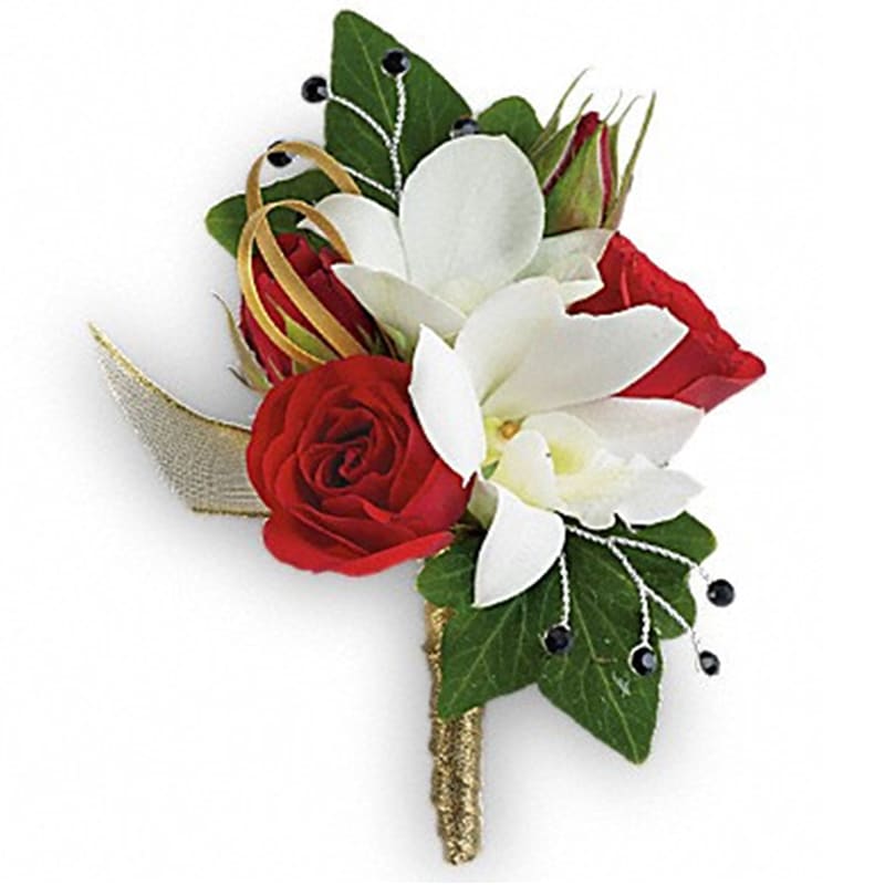  Star Studded Boutonniere - Elegant orchids and classic red roses make you the star of the show.  White dendrobium orchids, red spray roses and green ivy.  Approximately 3&quot; W x 4 1/2&quot; H  Product ID: TPR08-1A