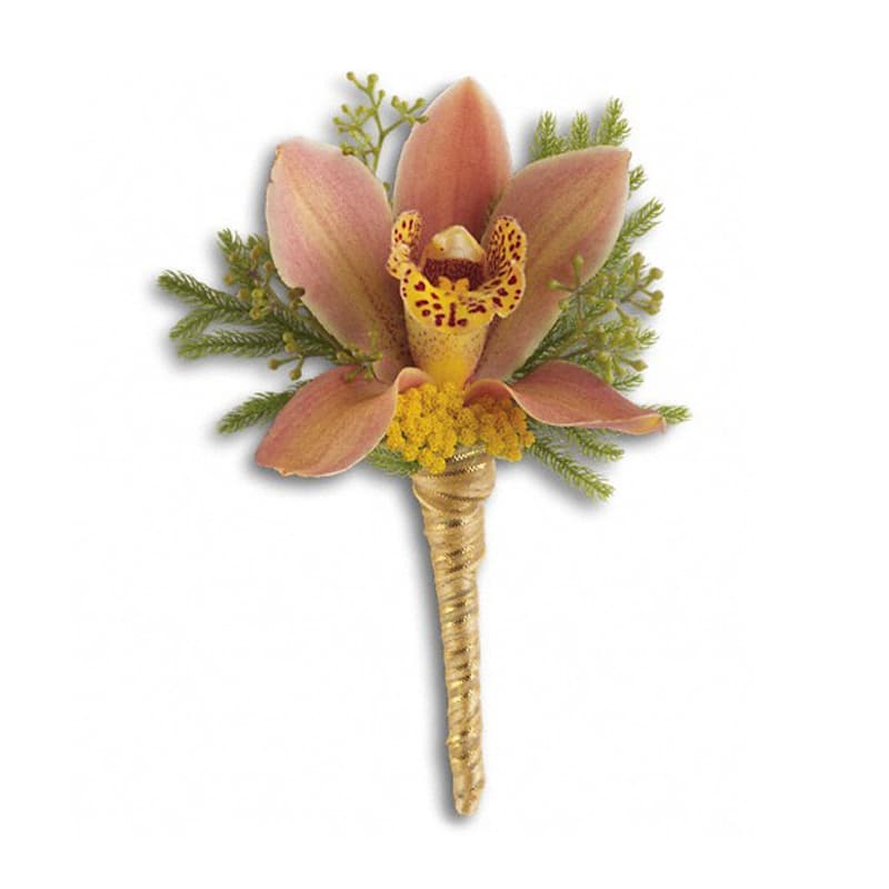 Sunset Orchid Boutonniere - Feel the magical warmth of a summer sunset with a single cymbidium orchid.  A stunning brown cymbidium orchid with yellow yarrow, seeded eucalyptus and lycopodium in a gold satin ribbon. Approximately 3 1/2&quot; W x 5&quot; H  Product ID: T202-4A