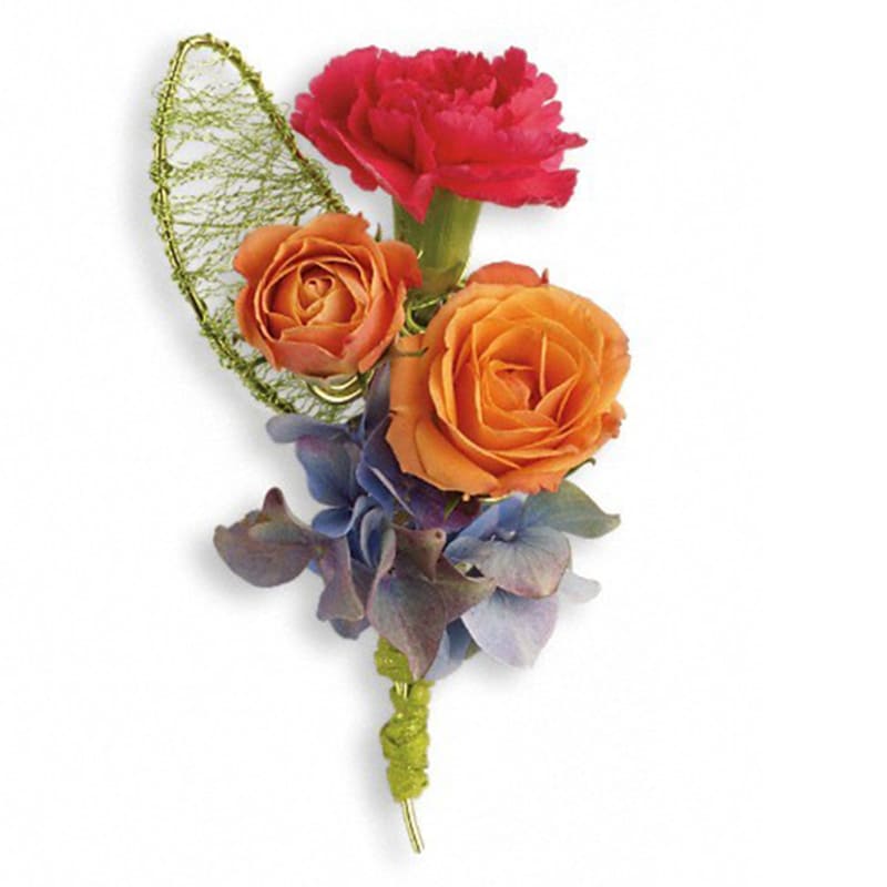  You Glow Boutonniere - Earn rave reviews with this glowing composition of delicate blue hydrangea, orange roses and hot pink carnations.  Blue hydrangea, orange spray roses, hot pink miniature carnations with green wire leaf embellishment. Approximately 2 1/2&quot; W x 4&quot; H  Product ID: TPR12-1A