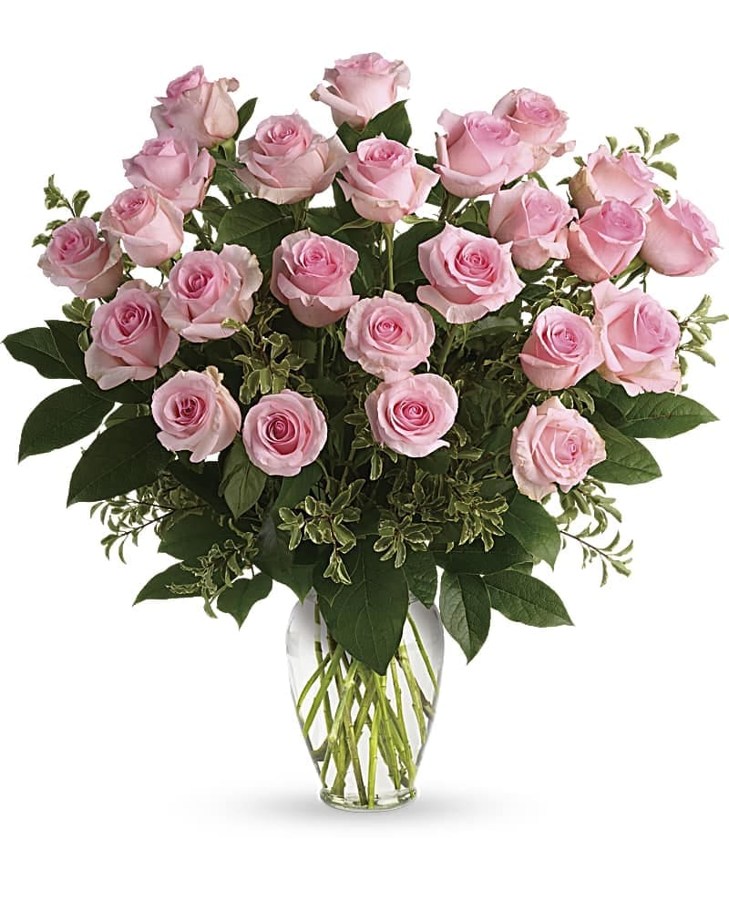 Premium Say Something Sweet Bouquet - Soft as a whisper, this pretty bouquet of two dozen sweet pink roses and deep greens are simply divine for any occasion! 24 pink roses are arranged with pitta negra and lemon leaf.