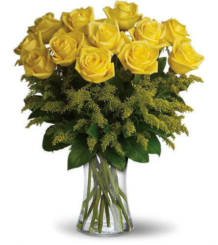Rosy Glow Bouquet - Yellow roses symbolize friendship and sending this sunny bouquet of bright yellow flowers is such a beautiful way to celebrate a special bond. Destined to make anyone's day glow these roses are brilliant! Glowing yellow roses and solidago mixed with greens are delivered in a clear glass gathering vase. Sunny skies ahead!Approximately 16&quot; W x 20&quot; H Orientation: All-Around As Shown : T70-1ADeluxe : T70-1BPremium : T70-1C