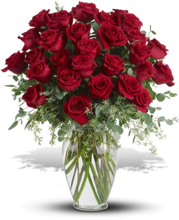 Forever Beloved - 30 Long Stemmed Red Roses - Timeless red roses eloquently pay tribute to a lost loved one.  Thirty red roses in an urn vase are complemented by fragrant eucalyptus. 
