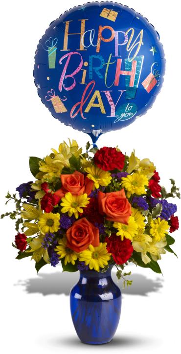 Fly Away Birthday Bouquet -  Up, up and away! Take that special someone's birthday to new heights with this happy arrangement and mylar balloon. Bold primary colors and a deep blue vase make it a great pick for sending birthday cheer to men.  Flowers including roses, daisies, statice and carnations are mixed in bold tones of yellow, red, orange and purple. 