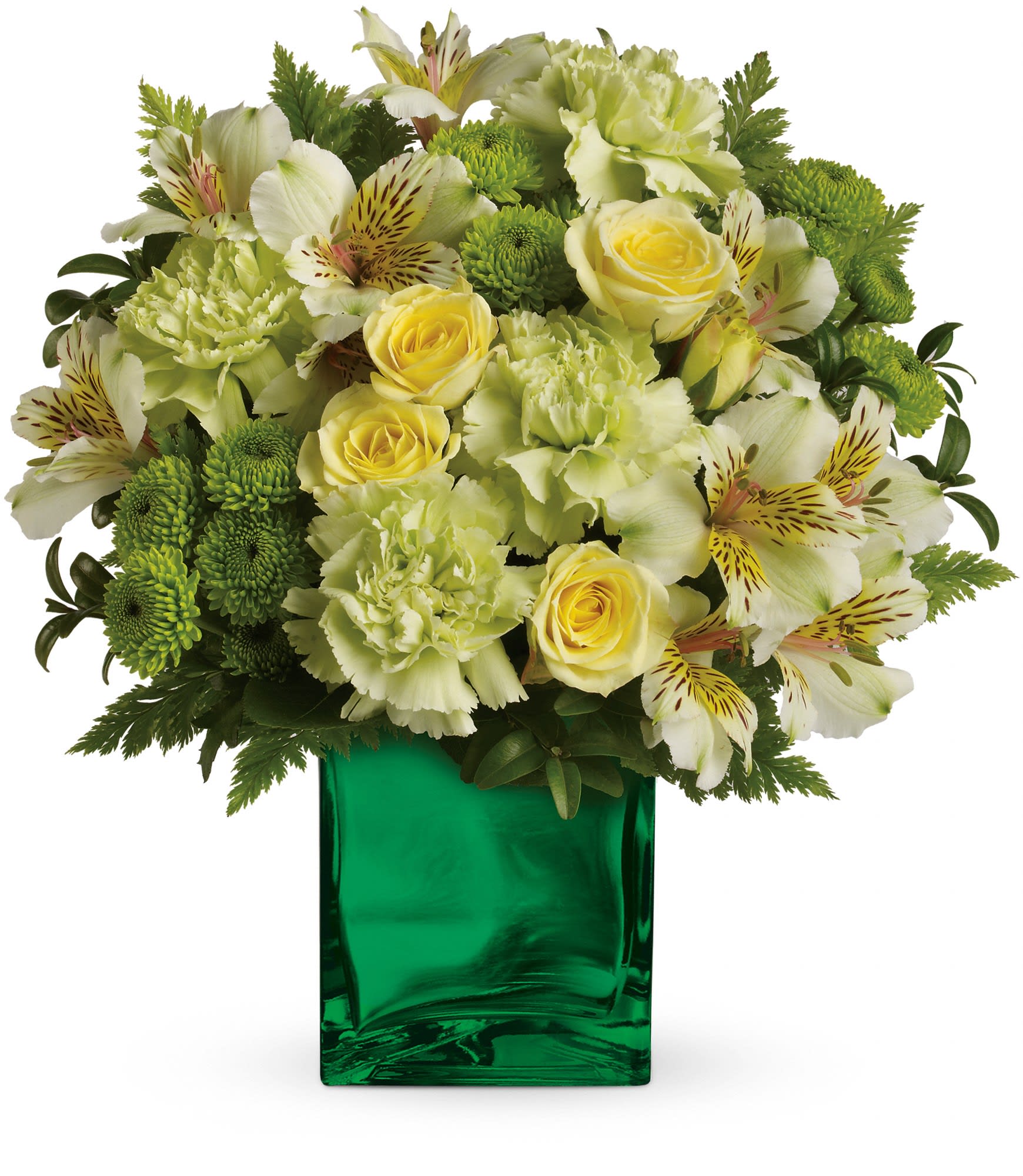 Teleflora's Emerald Elegance Bouquet Teleflora's Emerald Elegance Bouquet - Like a breath of fresh air, this crisp, spring bouquet delivers a burst of citrus style to your lucky someone. This unique blend of yellow and green blooms in a shimmering emerald glass cube is simply brilliant!