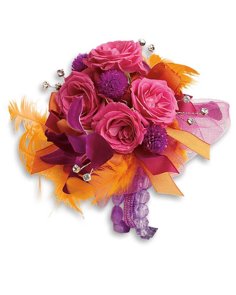 Dance 'til Dawn Corsage - Light up the night in this bright blend of purple dendrobium orchids, hot pink spray roses and orange feathers. Purple dendrobium orchids, hot pink spray roses and purple gomphrena accented with orange feathers.