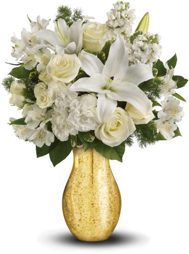 Dream with Me - A dreamy mix of creamy blooms looks heavenly inside a golden mercury glass vase that shimmers with the light. What a romantic way to share your dreams!  This beautiful bouquet includes an array of white blooms including roses, spray roses, oriental lilies, alstroemeria, carnations and stock -all accented with fresh green lemon leaves, variegated pittosporum and ming fern. 