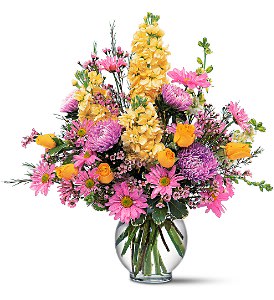 Yellow and Lavender Delight [TF15-2] - These perfect yellow and lavender flowers are so cheerful, they''ll truly delight whomever receives them. So surprise someone special!  Asters, daisies, larkspur, stock and roses arrive in a simple round bowl.  Approximately 15&quot; W x 18&quot; H  Orientation: One-Sided      As Shown : TF15-2  