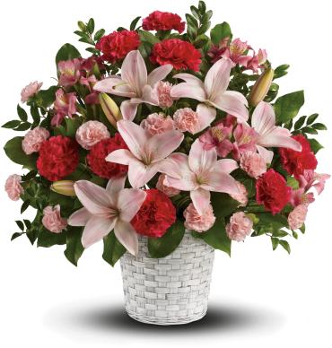 Sweet Sincerity -  Serenely elegant, this radiant bouquet of fragrant pink lilies and other floral favorites is a lovely choice for the service, as well as a thoughtful gift for the home.  The stunning bouquet includes pink asiatic lilies, pink alstroemeria, hot pink carnations and pink miniature carnations accented with assorted greenery. 