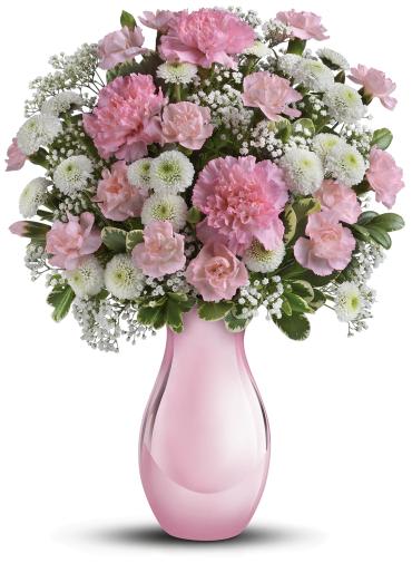 Radiant Reflections Bouquet - Perfectly pink perfection. Send this sweet, sentimental bouquet on her birthday, Mother's Day, or any day you want to make her feel extra special.  Pink carnations, white button spray chrysanthemums and million star gypsophila are accented with fresh greens. 
