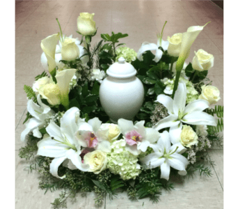 WHITE CREMATION URN WREATH - WHITE CREMATION URN WREATH BY TWIN TOWERS FLORIST  22&quot; OUTER DIAMETER      As Shown : TT-ANC68 