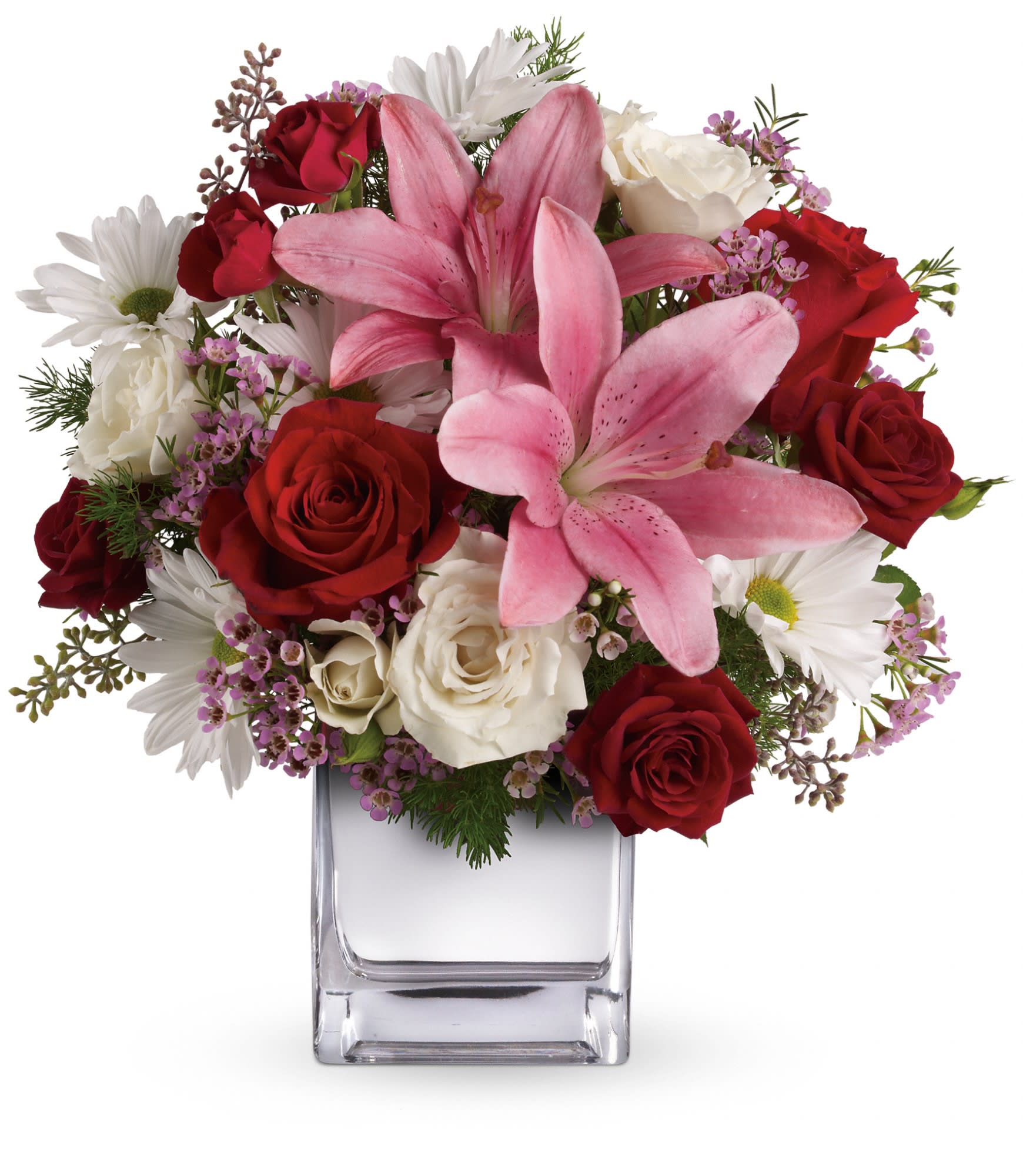 Teleflora's Happy in Love Bouquet Teleflora's Happy in Love Bouquet - If you think she loves you now, wait till she receives this spectacularly chic bouquet of red roses, fragrant pink lilies and more in a dazzling mirrored silver cube. She'll love the flowers, the stylish cube, and most of all, her one and only.