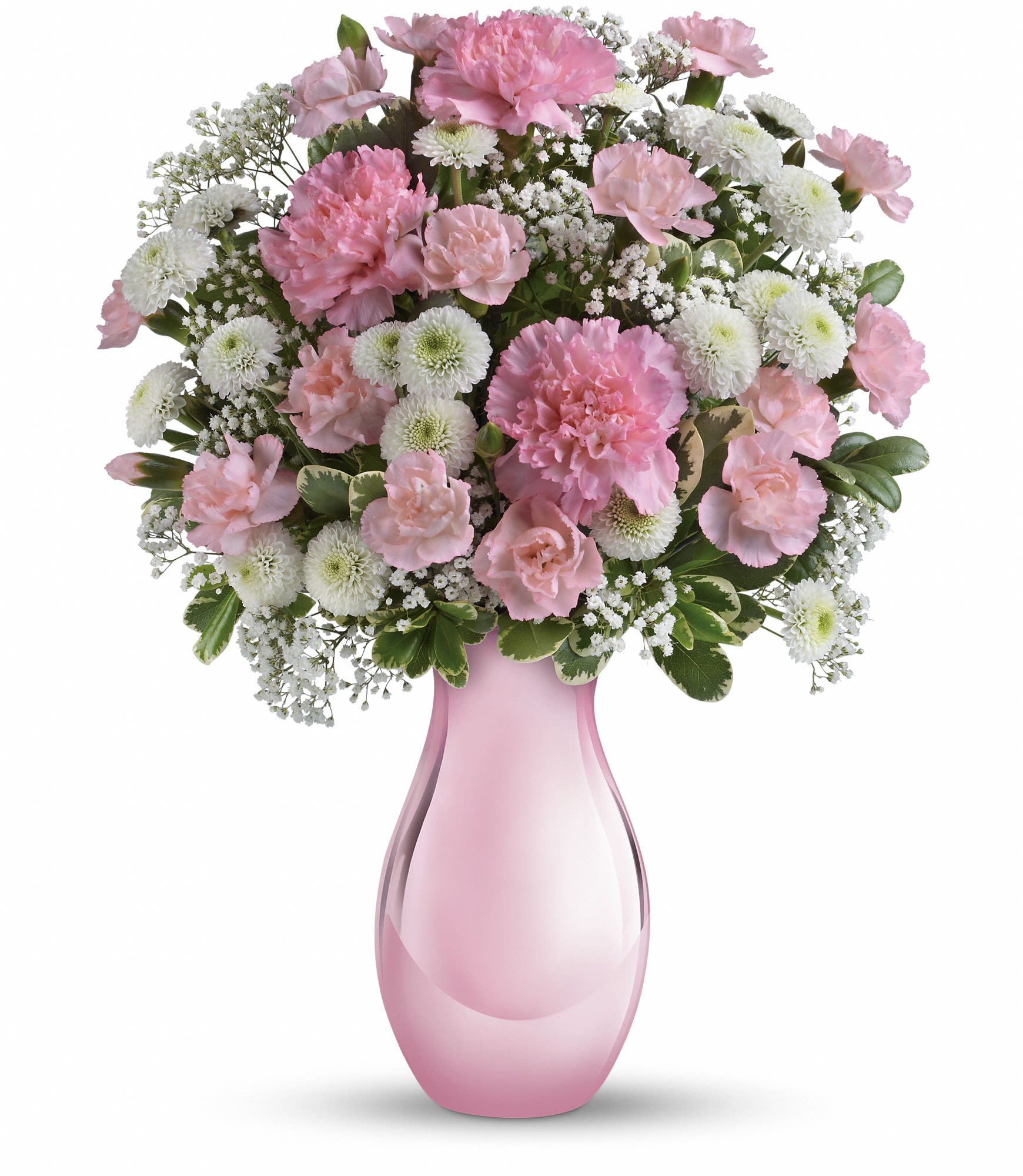 Teleflora's Radiant Reflections Bouquet Teleflora's Radiant Reflections Bouquet - Hurray for pink! Celebrate your sweet one with this sentimental bouquet - a delightfully pink mix of pink and white blooms presented in a keepsake Pink Reflections vase she'll cherish always.