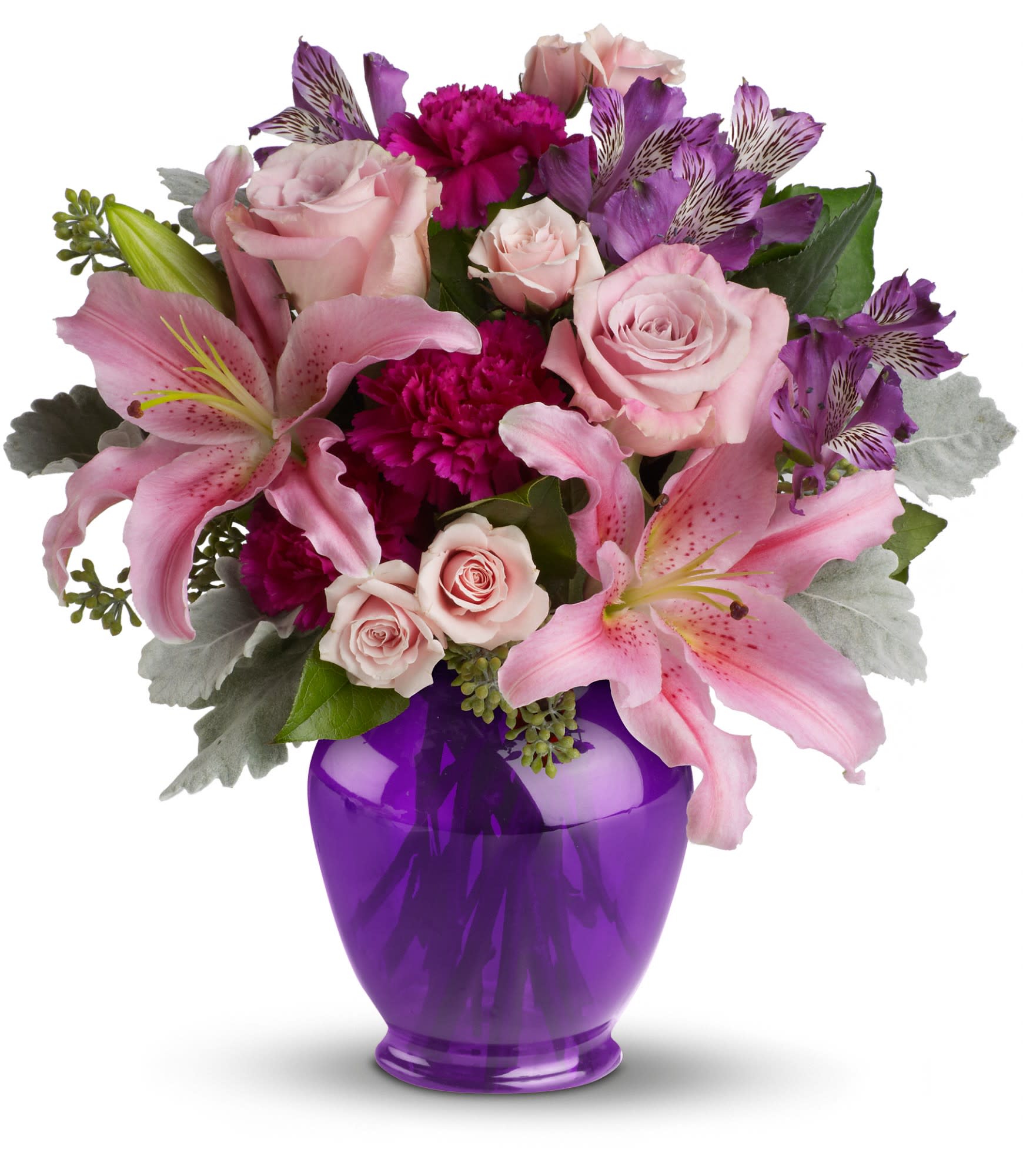 Teleflora's Elegant Beauty - Take their breath away with a spectacular array of pink roses and lilies in a classic ginger jar in deep royal purple. Truly a stunning gift, but without a stunning price tag. 