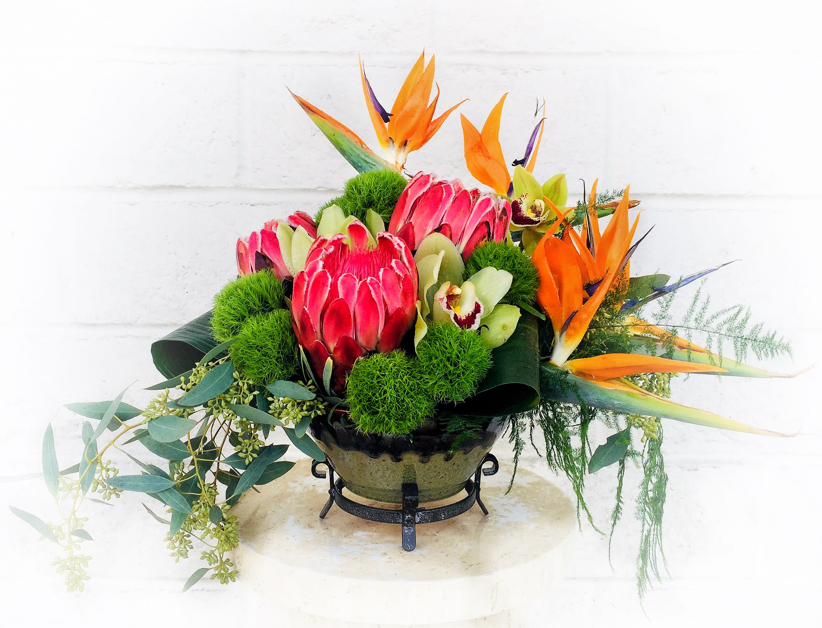 Heaven on Earth - Exotic design including protea, cymbidium orchid, bird of paradise, green balls and greens in a designed ceramic container. Dimensions: 12&quot; H x 13&quot; L STANDARD: FIRST PHOTO DELUXE: SECOND PHOTO PREMIUM: THIRD PHOTO
