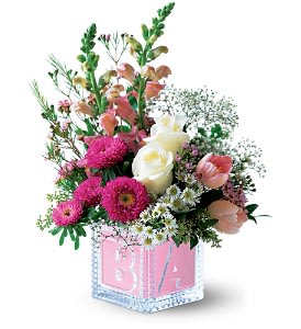 Baby Block (Girl) [TF47-2] - When it comes to welcoming a new baby into the world, this charming arrangement in a keepsake glass block really coos!  Roses, snapdragons and tulips arrive in a glass baby block. Available in pink or blue. Indicate preference in the special instructions field at checkout.  Approximately 10&quot; W x 13&quot; H  California Residents: Prop 65 Warning  Orientation: One-Sided      As Shown : TF47-2  