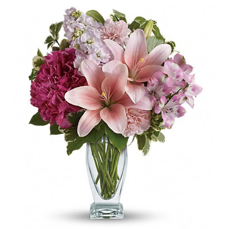 Blush Of Love Bouquet [TEV21-1A] - Celebrate your love with this beautifully blushing bouquet! Luxurious lilies, delicate hydrangea and fragrant stock delight her senses, soothe her soul, and tickle her fancy. It's a loving gift she won't soon forget!  Includes pink hydrangea, asiatic lilies, alstroemeria, carnations and stock, accented with fresh greens. Delivered in a Couture vase.  Approximately 14&quot; W x 17&quot; H  Orientation: One-Sided      As Shown : TEV21-1A