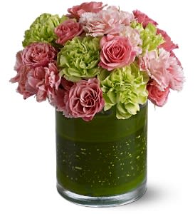Delightful Day [TFWEB300] - Give someone a truly delightful day - send them this appealing mix of roses and carnations, in complementary shades of pink and green. A leaf-lined vase adds an extra touch of pizzazz! An adorable choice for any day of the year.  Pink spray roses, light pink miniature carnations and green carnations are arranged in a clear glass cylinder vase lined with a leaf.  Approximately 8&quot; (W) x 9&quot; (H)  Orientation: All-Around      As Shown : TFWEB300 