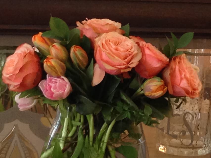 Vintage Vintage - Tulips and Prime Roses in a glass vase