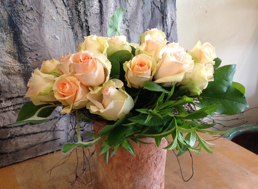 Rustic Rustic - Apricot Roses and Lemon Verbena in clay pot