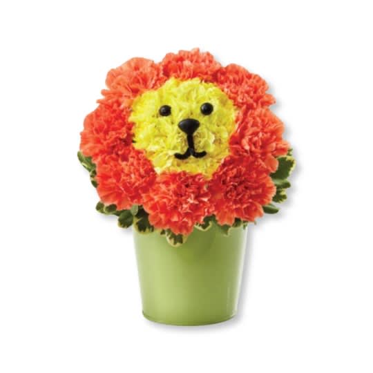 Blooming Lion - Unleash smiles with our new furry friend. Crafted from crisp yellow and orange carnations inside a charming tin pale, this truly original loin is sure to have everyone roaring. 