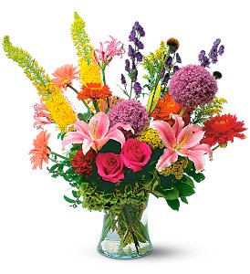 Fountain of Joy [TF69-1] - When you want to impress that exceptional someone, send these extraordinary summer flowers and they'll know exactly how you feel without exception.  Allium, dahlias, gerberas, eremurus, rudbeckia and roses are delivered in a gorgeous clear glass vase.  Approximately 23&quot; W x 34&quot; H  Orientation: All-Around      As Shown : TF69-1  