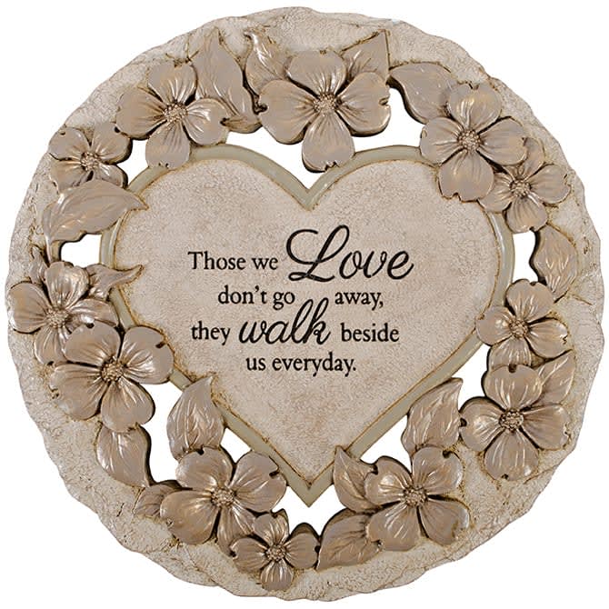 Those We Love Don't Go Away Garden Stone with Metal Display Stand Those We Love Don't Go Away Garden Stone with Metal Display Stand - Decor Garden Stones are made of quality resin and are all original designs. Each piece is hand sculpted and painted for added detail. A keyhole hanger is cast in the back for hanging purposes or stone can be placed on the ground. Also includes metal stand for display. Diameter is 9 1/4 Inches. Stone reads, "Those we love don't go away, they beside us every day."