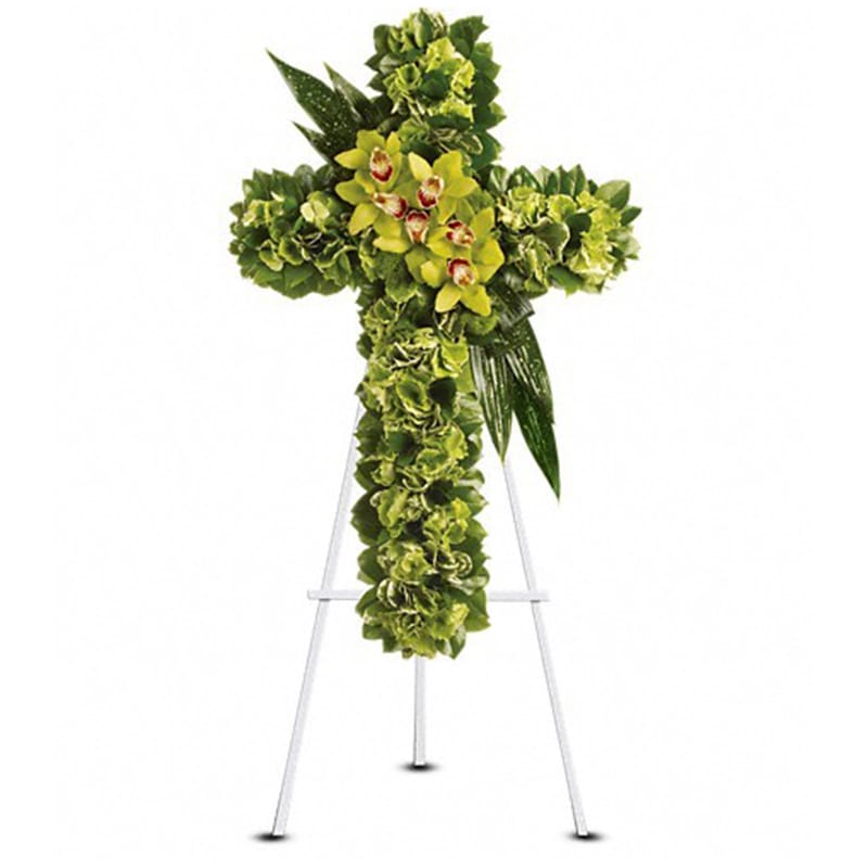Heaven's Comfort [T247-1A] - A life-affirming gift of faith and hope is always appreciated in a family's darkest hours. This elegant cross delivers that message in a way that will touch many hearts.  Green hydrangea along with a dazzling mix of exotic green flowers and leaves create a beautiful and textured cross, delivered on an easel.  Approximately 22&quot; W x 35&quot; H  Orientation: One-Sided      As Shown : T247-1A  