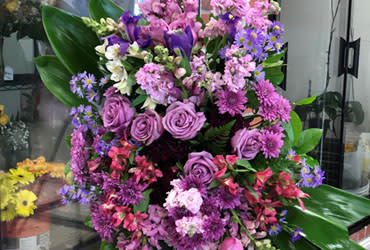 LAVANDER STANDING SPRAY - &quot;Like a heartfelt embrace, this beautiful standing spray delivers comfort and love in an extraordinary way. A wonderful array of lavender and pink flowers with just the right amount of greenery is a lovely way to pay tribute to someone who will always be with you in heart, mind and spirit.  Lovely lavender roses, snapdragons, alstroemeria, chrysanthemums, fern, eucalyptus and more create this tribute that is overflowing with grace and love.  SET: N/A AVAILABLE IN ALL COLORS&quot;