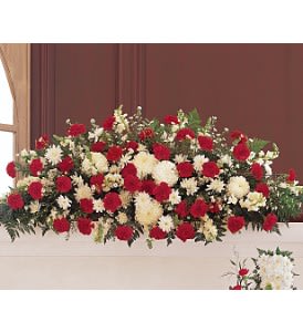 Hope and Honor Casket Spray [TF206-3] - With its striking red and white flowers, this casket spray reflects both your respect and your sympathy.  One full-couch spray arrives with red and white carnations and white chrysanthemums, asters and snapdragons.  Approximately 59&quot; W x 27&quot; H  Orientation: One-Sided      As Shown : TF206-3  