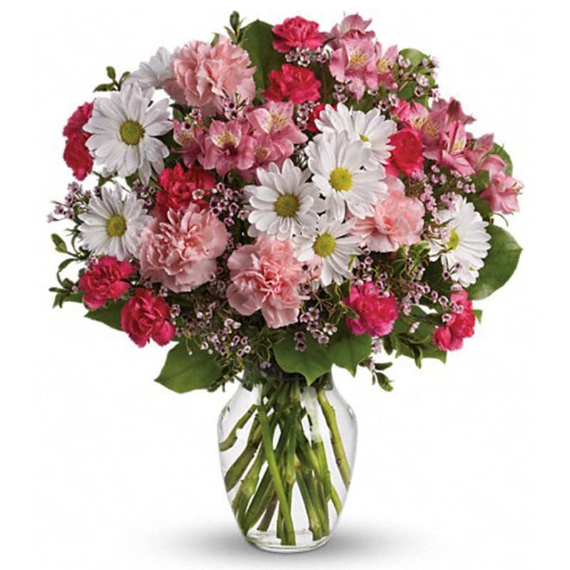Sweet Tenderness [T259-1A] - Let the family know they are in your thoughts and prayers with this beautiful gift of pink and white floral favorites. It will help ease their pain of loss.  The beautiful bouquet includes pink alstroemeria, pink carnations, hot pink miniature carnations, white daisy spray chrysanthemums and white waxflower, accented with assorted greenery. Delivered in a clear glass rose vase.  Approximately 15 1/2&quot; W x 18&quot; H  Orientation: One-Sided  As Shown : T259-1A Deluxe : T259-1B Premium : T259-1C