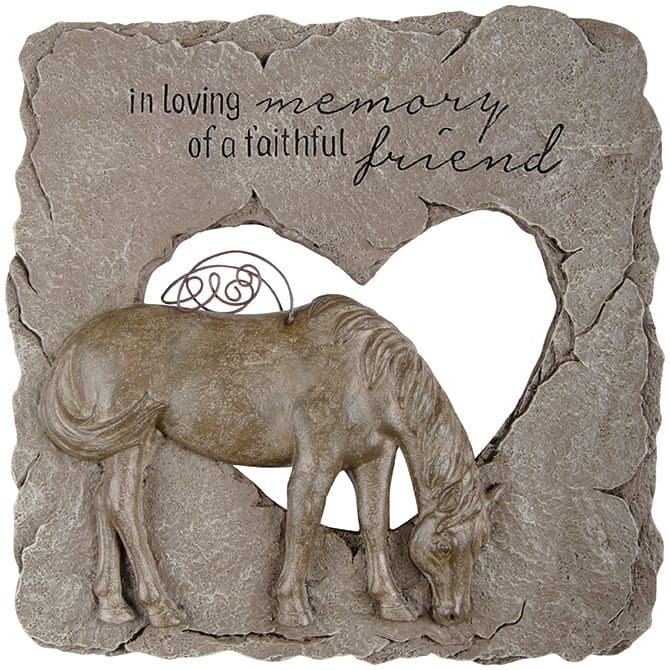 Horse Stepping Stone In Loving Memory of A Faithful Friend Horse Stepping Stone In Loving Memory of A Faithful Friend - Our faithful friend horse angel stepping stones are made of hand-painted resin and wire. Feature a keyhole hanger in the back. W 9.5" x H 9.5" Reads: In loving memory of a faithful friend.