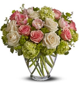 Spring Mist [TFWEB527] - As fresh and pretty as a misty spring rain, this lovely bouquet of roses and tulips in gentle tints of pink, crème and green - presented in a graceful glass vase - is a lovely all-around choice for any springtime event including wedding showers, birthdays or &quot;just because.&quot;  A mix of fresh roses, tulips and more, in shades of pink, crème and green, is delivered in a glass vase.  Approximately 13&quot; (W) x 12&quot; (H)  Orientation: All-Around      As Shown : TFWEB527  