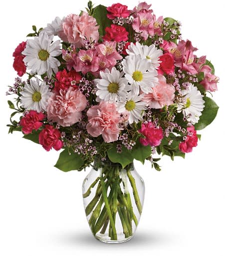Sweet Tenderness - Although the loss of a loved one is a sadness that must be endured, a gift of brilliantly colored flowers is a reminder of life's unending beauty.  The magnificent bouquet includes pink alstroemeria, pink carnations, hot pink miniature carnations, white daisy spray chrysanthemums and white waxflower, accented with assorted greenery. Delivered in a clear glass rose vase. Approximately 18&quot; W x 20&quot; H