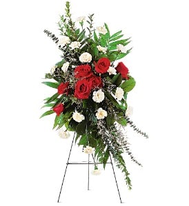 Remembering Forever [TF189-4] - This striking spray with its red roses and white carnations is a wonderful way to express how your memories will last forever.  One spray with a cluster of open red roses, standard white carnations and distinctive foliages is delivered on an easel.  Approximately 22&quot; W x 42&quot; H  Orientation: One-Sided      As Shown : TF189-4  