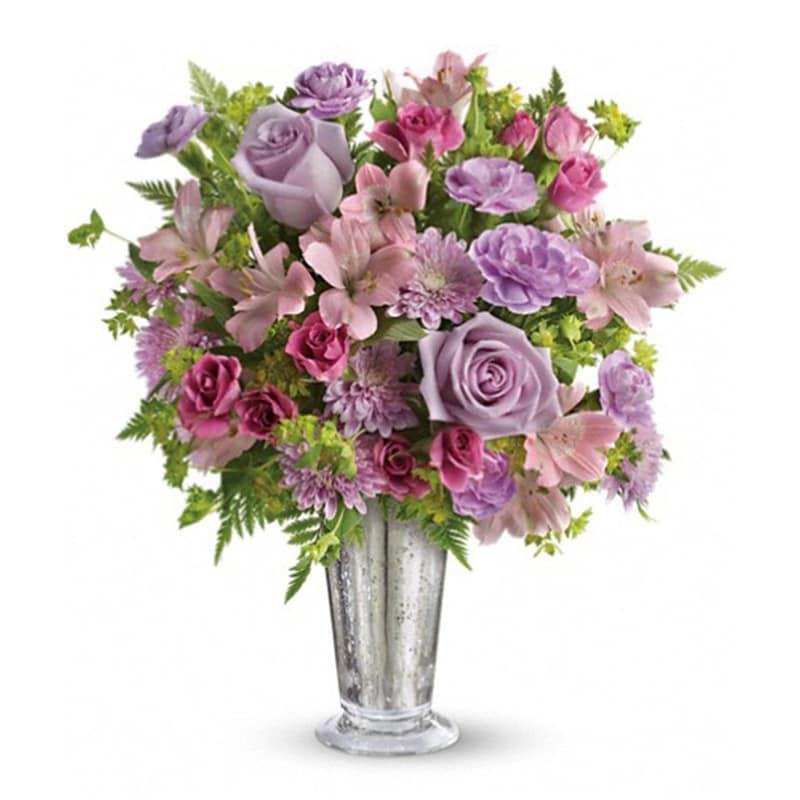 Sheer Delight Bouquet [TEV29-1A] - The essence of femininity. Delight her with flirty-fun lavender and pink blooms presented in a gorgeous Mercury Glass julep vase. It's a gift that will sparkle in her memory forever.  Includes lavender roses, pink alstroemeria, miniature lavender carnations and lavender chrysanthemums, accented with fresh bupleurum and leatherleaf fern. Delivered in a Mercury Glass large julep vase.  Approximately 14&quot; W x 15&quot; H  Orientation: One-Sided      As Shown : TEV29-1A