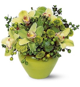 Shades of Green [TF147-3] - The lovely combination of green cymbidium orchids and fresh fruits, makes this arrangement both lovely and subdued. The perfect complement to any room or office.  Chinaberries, chrysanthemums, hypericum and orchids, along with limes, artichokes and figs, arrive in a matching vase.  Approximately 10&quot; W x 10&quot; H  Orientation: All-Around      As Shown : TF147-3  