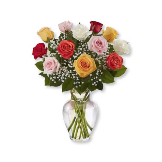 Assorted Rose Elegance  - Our rainbow of long stem roses is an elegant surprise for someone who brings color to your world. Beautifully arranged with lush greenery and baby's breath, inside a classic glass vase with 12, 18, or 24 vibrant blooms. Ready to delight the people you care about for big celebrations and every &quot;just because&quot; moment in between.