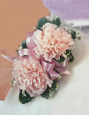 Pink Mini Carnation & Babies Breath Wrist Corsage Plainfield Florist - 1017  E Main Plainfield, IN 46168 317-839-2866