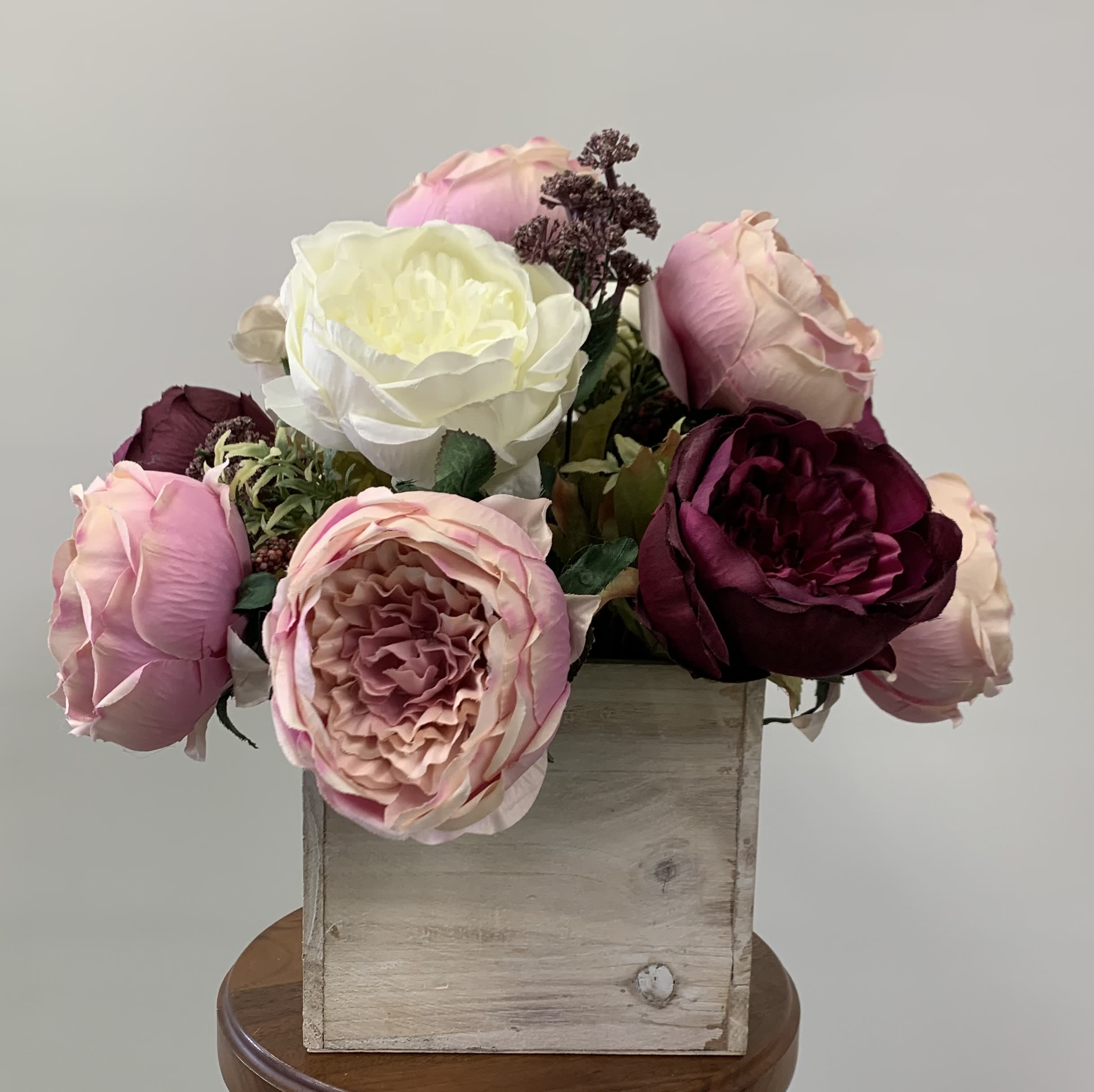 Silk Garden Rose Arrangement  - Silk arrangement in a wooden cube.