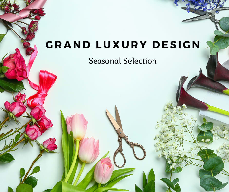 Grand Luxury Design Seasonal Selection -  Lush, nature-inspired elements with a variety of shapes, colors, fragrances, and textures in our seasonal bouquets and arrangements. This is sure to WOW!  Our custom design work combines the best flowers from a network of trusted suppliers, from all over the world.   Due to unusual issues with our supply chain, product availability changes frequently. IF YOU NEED A SPEFIC FLOWER PLEASE CALL so that we can check availably. Otherwise designers choice options, are at the discretion of the designer, thank you 
