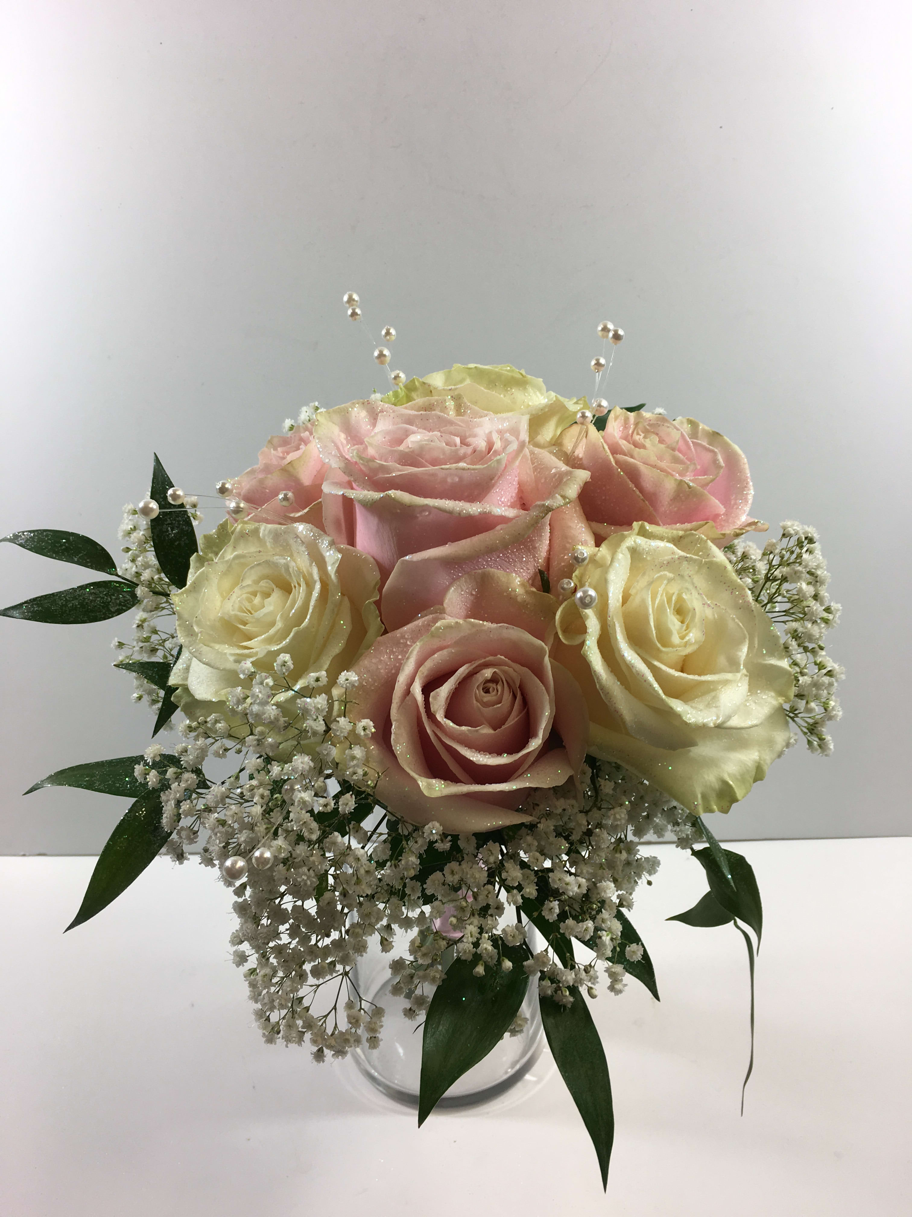 C71 Pink &amp; White Rose Clutch with Pearls - Prom clutch with soft pink and white roses.  Accented with pearl sprays.  Each prom order is customized for you and your date's beautiful dress.