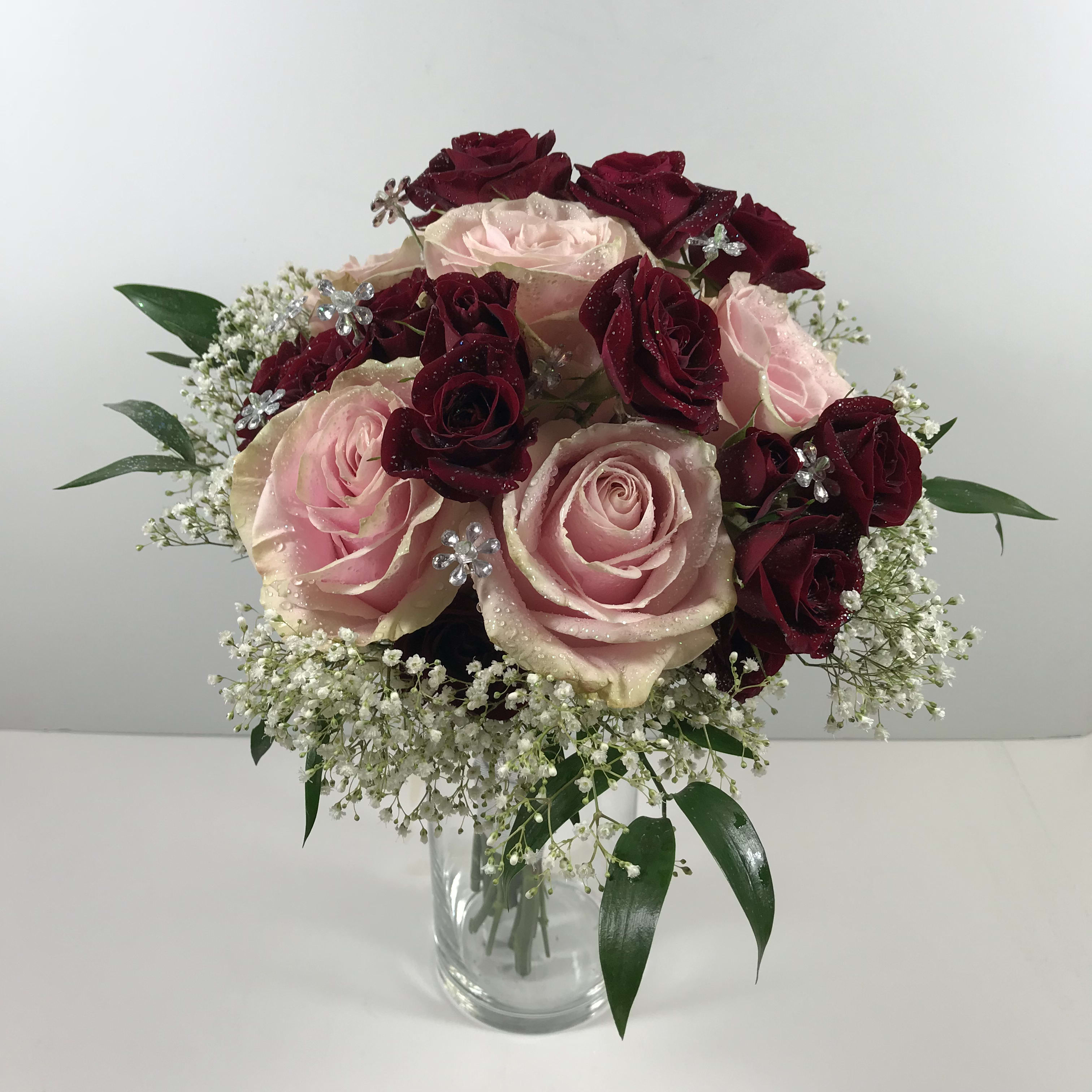 C68 Burgundy &amp; Pink Clutch with jewels - Prom clutch which includes pink rose and burgundy spray roses is finished with sparkling jewels.  Each prom order is customized for you and your girl's beautiful dress.
