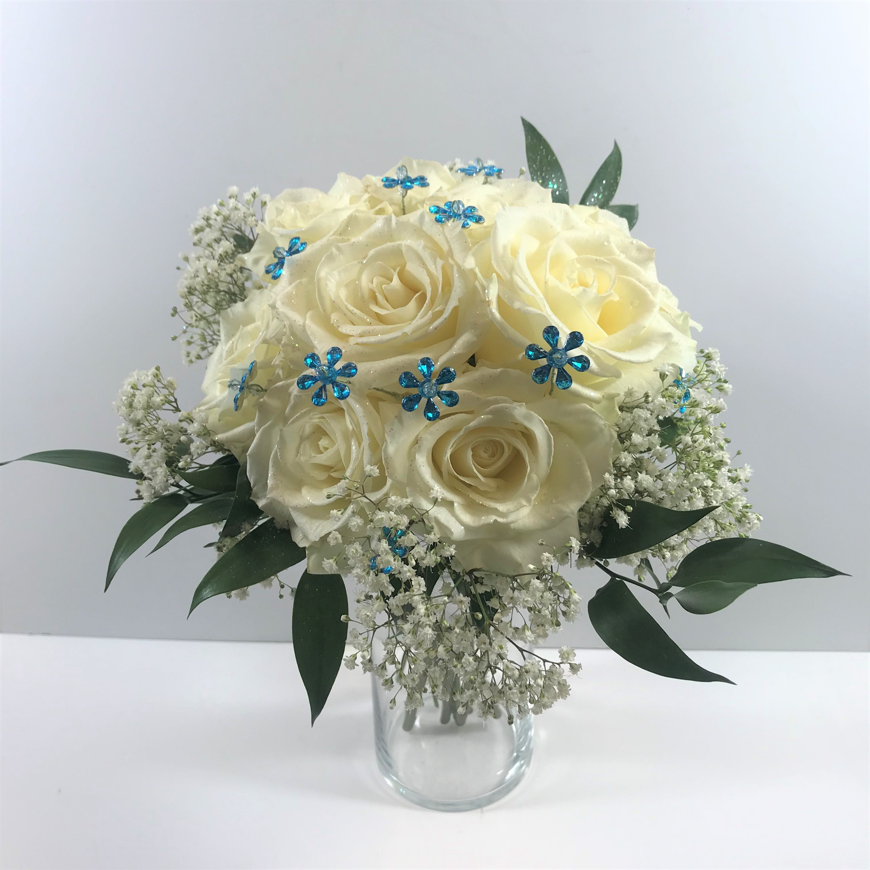C59 Deluxe White Rose Clutch with blue jewels - Medium sized white rose clutch accented with blue jewels.  Each order is customized for you and  your gal's lovely dress.