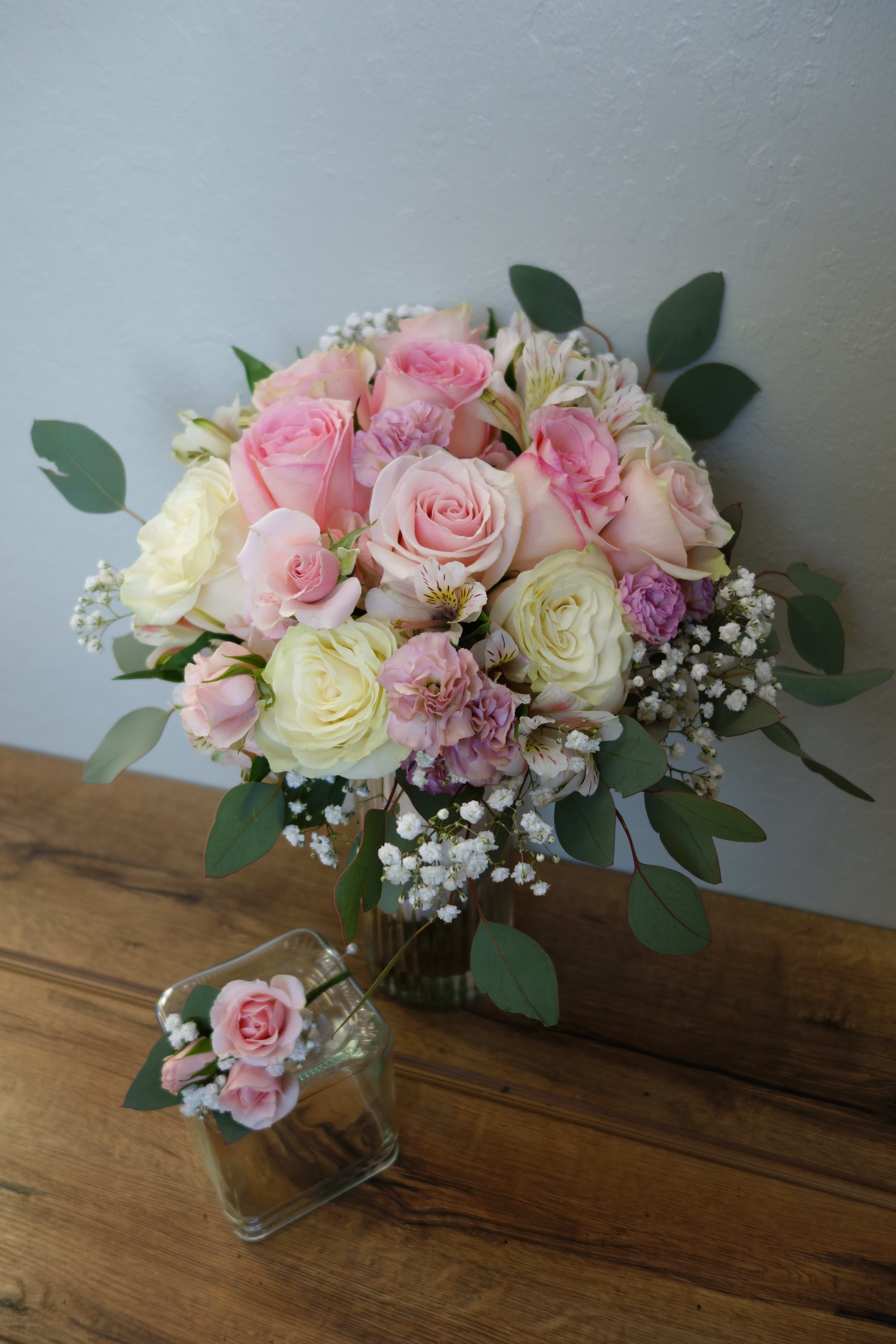 Pink and White Civil Wedding Bouquet & Boutonnière Set